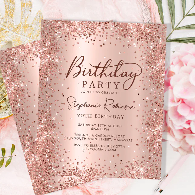 Budget Rose Gold Glitter 70th Birthday Invitation | Zazzle