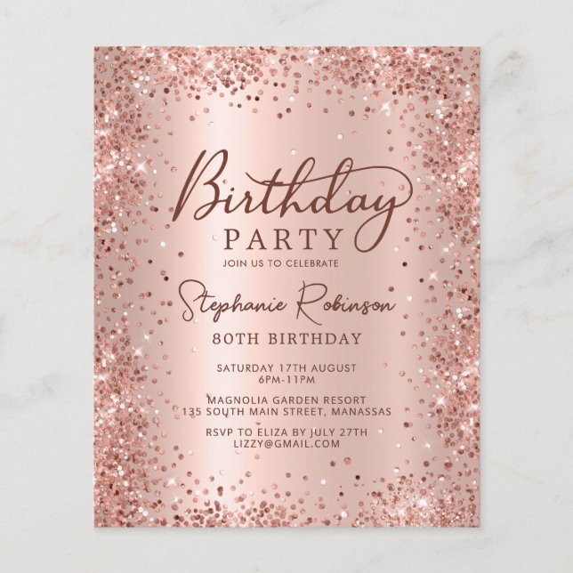 Budget Rose Gold Glitter 80th Birthday Invitation (Front)