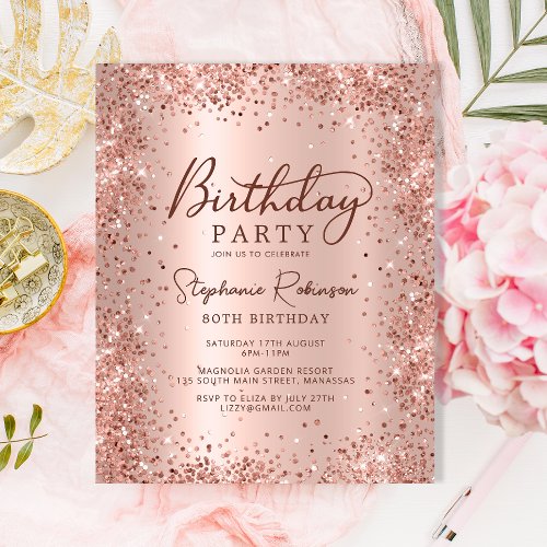 Budget Rose Gold Glitter 80th Birthday Invitation