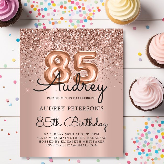 Budget Rose Gold Glitter 85th Birthday Invitation (Creator Uploaded)