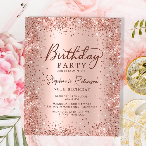 Budget Rose Gold Glitter 90th Birthday Invitation