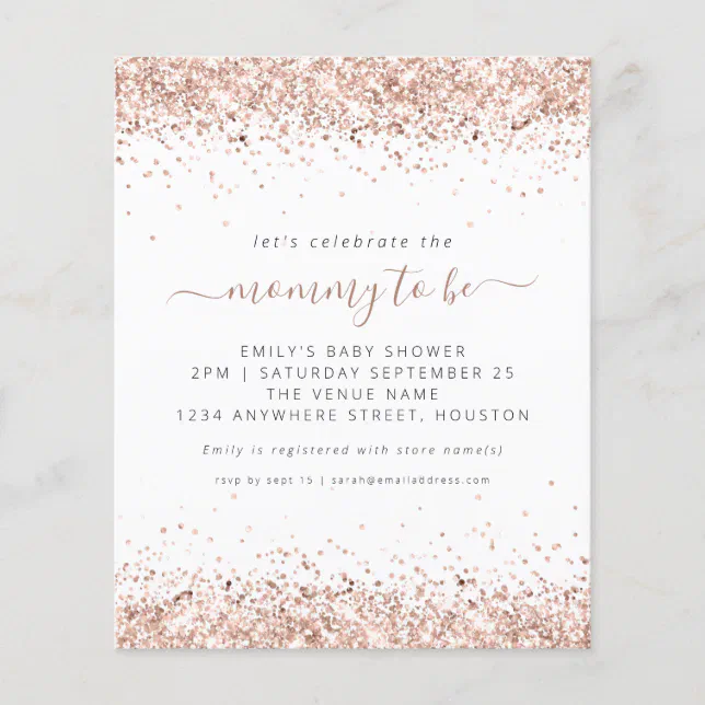 Budget Rose Gold Glitter Baby Shower Invitation | Zazzle