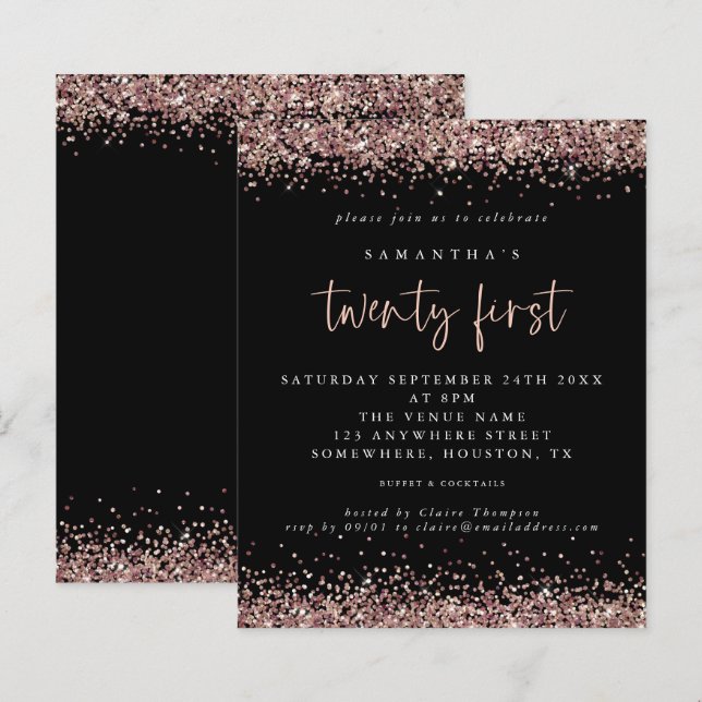 Budget Rose Gold Glitter Black 21st Party Invite (Front/Back)