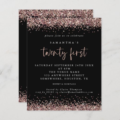 Budget Rose Gold Glitter Black 21st Party Invite