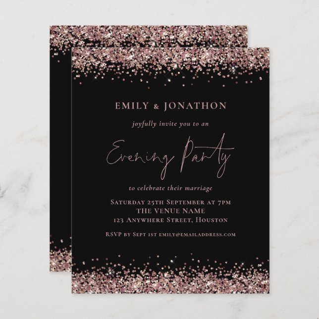BUDGET Rose Gold Glitter Black Evening Invite (Front/Back)