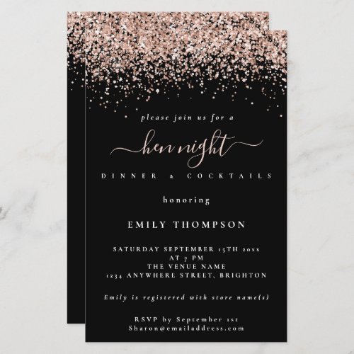 Budget Rose Gold Glitter Black Hen Night Invite