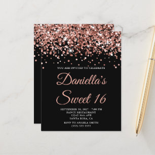Budget Rose Gold Glitter Black Sweet 16 Invite