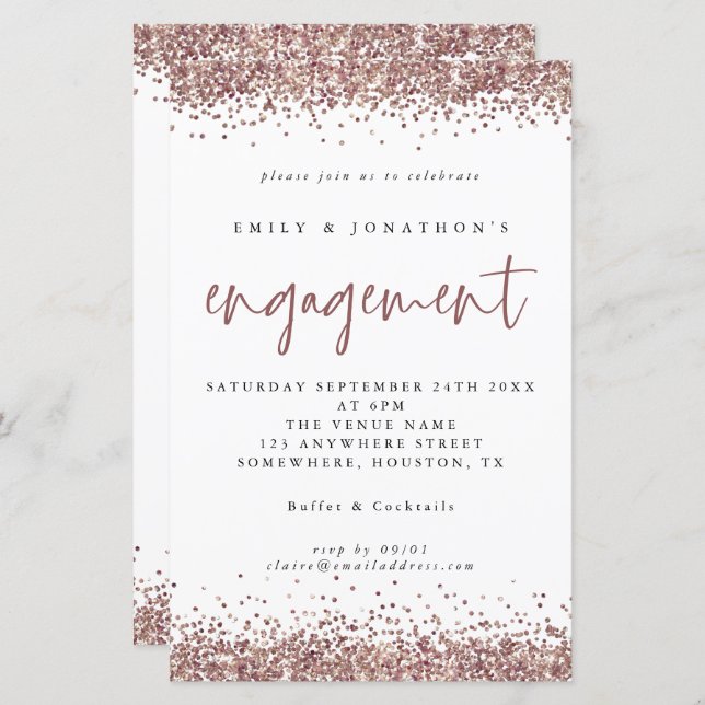 Budget Rose Gold Glitter Borders Engagement Invite (Front/Back)