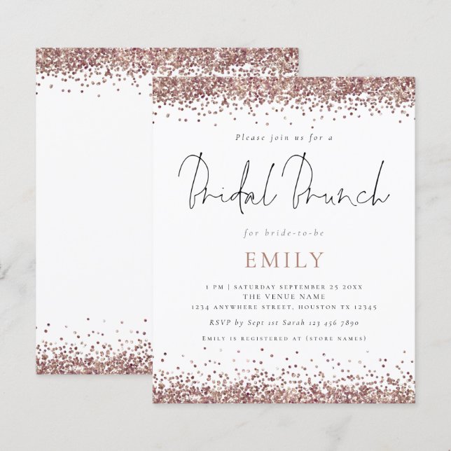 Budget Rose Gold Glitter Bridal Brunch Invitation (Front/Back)
