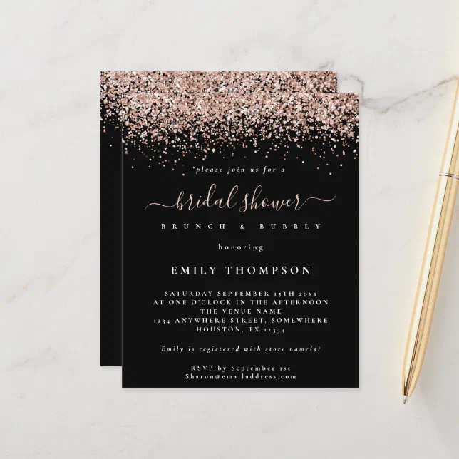 Budget Rose Gold Glitter Bridal Shower Invitation | Zazzle