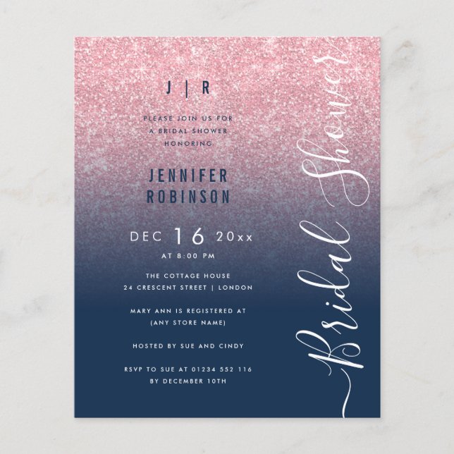 Budget Rose Gold Glitter Bridal Shower Navy  (Front)