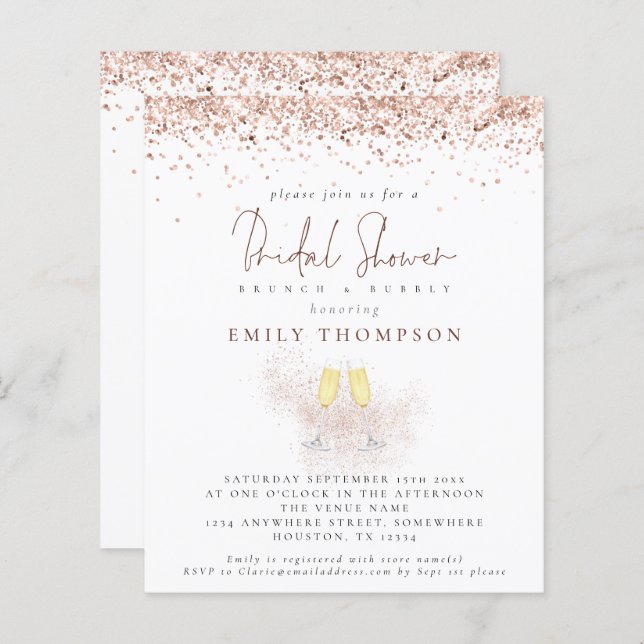 Budget Rose Gold Glitter Champagne Bridal Shower (Front/Back)