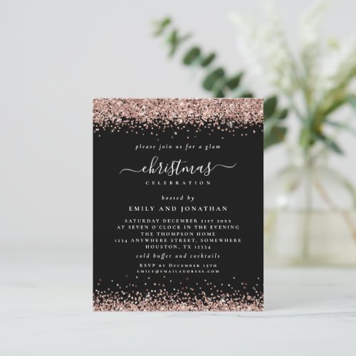 Budget Rose Gold Glitter Christmas Black Invite