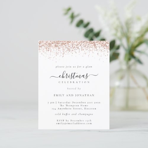 Budget Rose Gold Glitter Christmas Party Invite