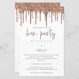 Budget Rose Gold Glitter Drip Hen Weekend Invite