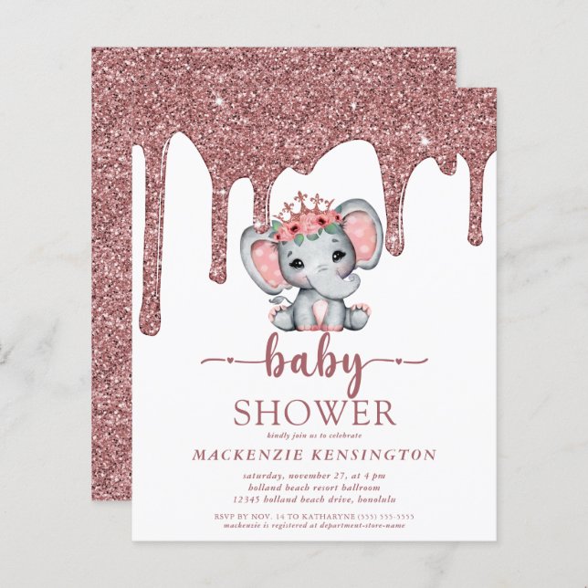 Budget Rose Gold Glitter Drips Elephant Girl Baby (Front/Back)