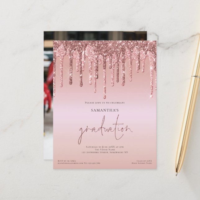 Budget Rose Gold Glitter Drips Photo Grad Invite (Front/Back In Situ)