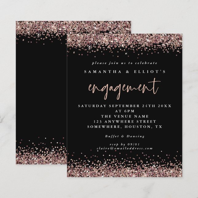 Budget Rose Gold Glitter Engagement Black Invite (Front/Back)