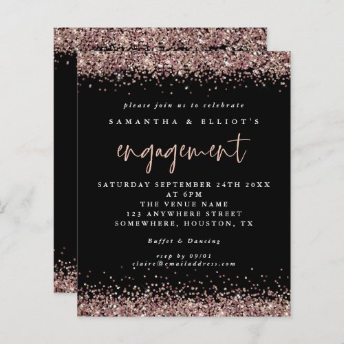 Budget Rose Gold Glitter Engagement Black Invite