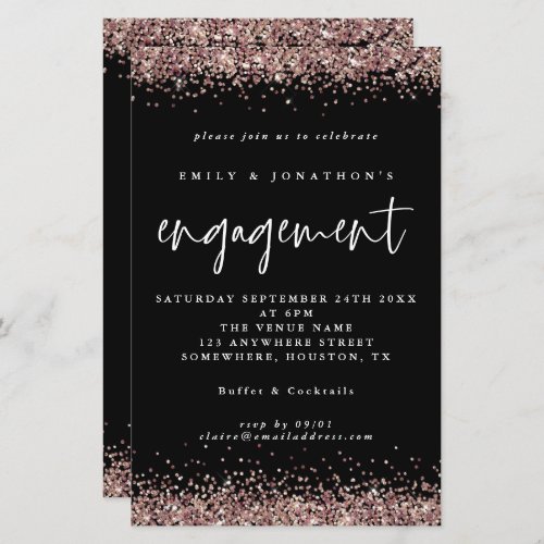 Budget Rose Gold Glitter Engagement Black Invite