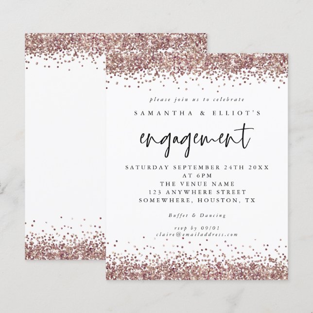 Budget Rose Gold Glitter Engagement White Invite (Front/Back)