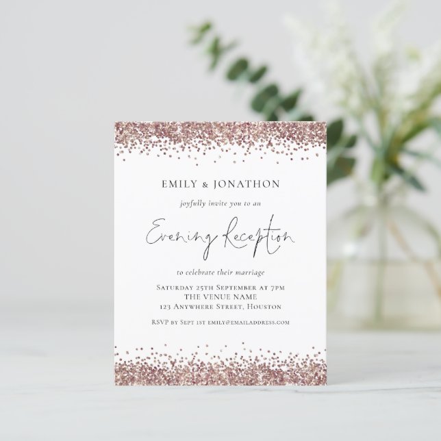 BUDGET Rose Gold Glitter Evening Reception Invite (Standing Front)