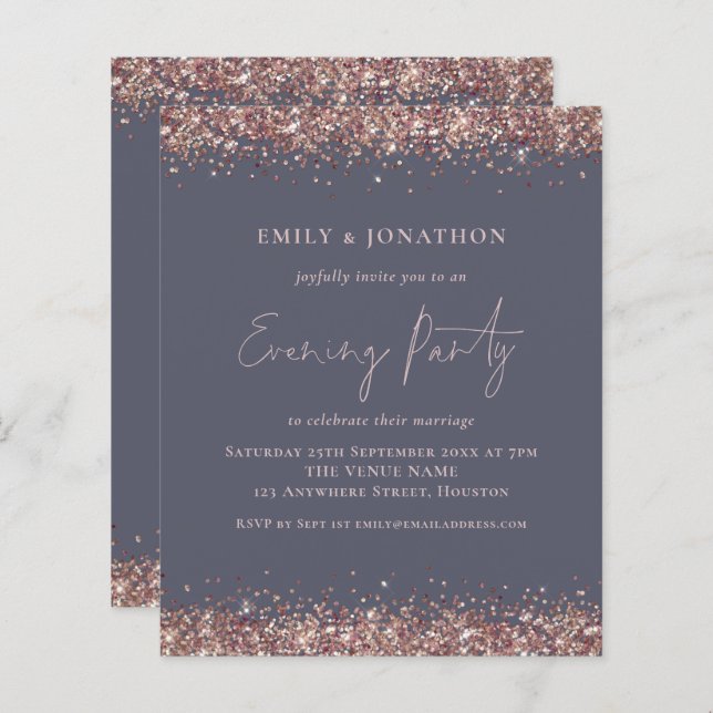 BUDGET Rose Gold Glitter Gray Evening Invitation (Front/Back)