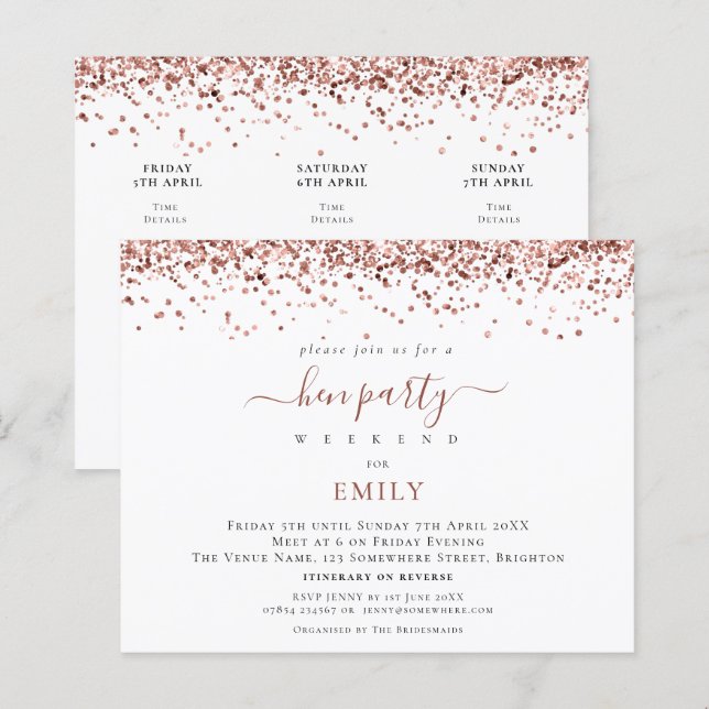 Budget Rose Gold Glitter Hen Do Itinerary Invite (Front/Back)