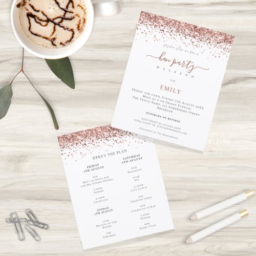 Budget Rose Gold Glitter Hen Do Itinerary Invite