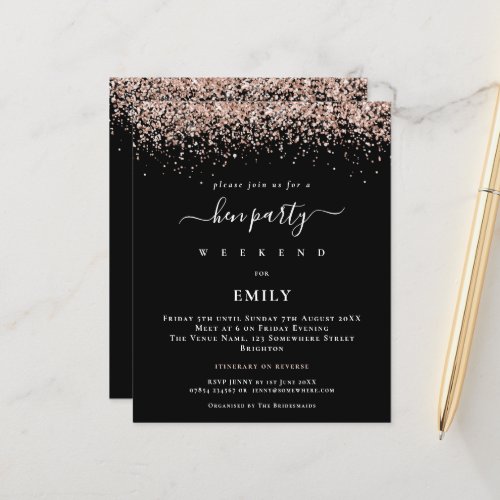 Budget Rose Gold Glitter Hen Party Itinerary Invit