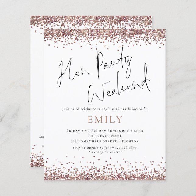 Budget Rose Gold Glitter Hen Party Weekend  (Front/Back)