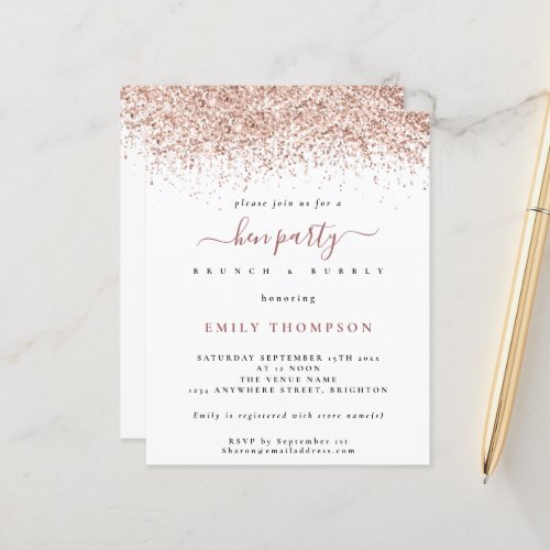 Budget Rose Gold Glitter Hen Party White Invite