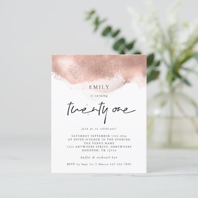 Budget Rose Gold Glitter Ink 21st Party Invite (Standing Front)