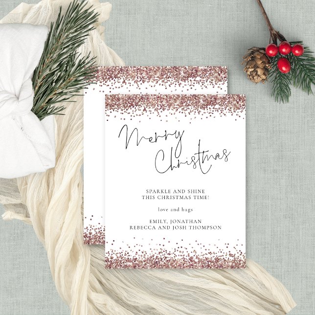 Budget Rose Gold Glitter Merry Christmas Card (Budget price smaller 4.5 x 5.6" alternative, front and back view)