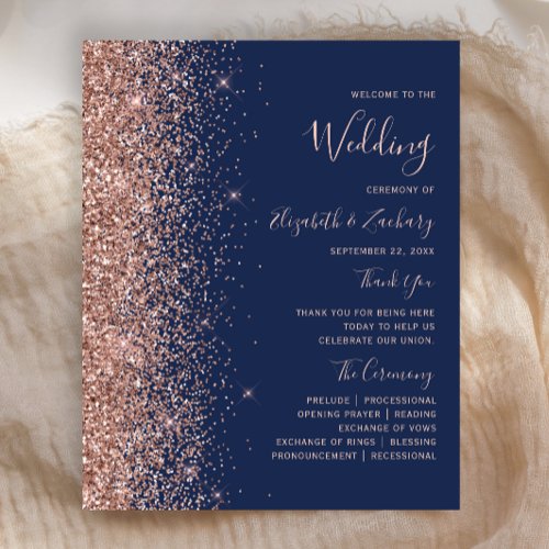 Budget Rose Gold Glitter Navy Blue Wedding Program