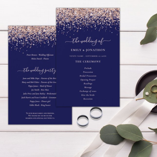 Budget Rose Gold Glitter Navy Blue Wedding Program (Creator Uploaded)