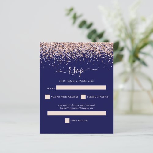 Budget Rose Gold Glitter Navy Blush Wedding RSVP