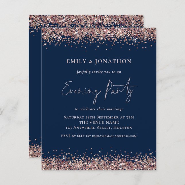 BUDGET Rose Gold Glitter Navy Evening Invitation (Front/Back)