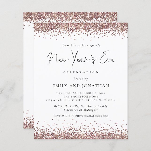 Budget Rose Gold Glitter New Years Eve Party Invit (Front/Back)