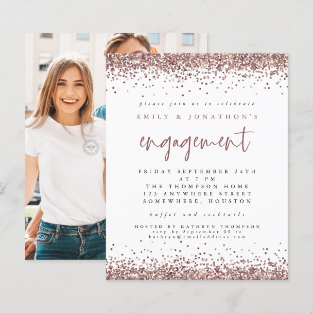 Budget Rose Gold Glitter Photo Engagement Invite (Front/Back)