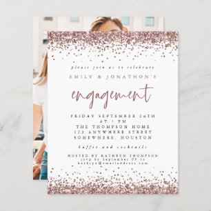 Budget Rose Gold Glitter Photo Engagement Invite