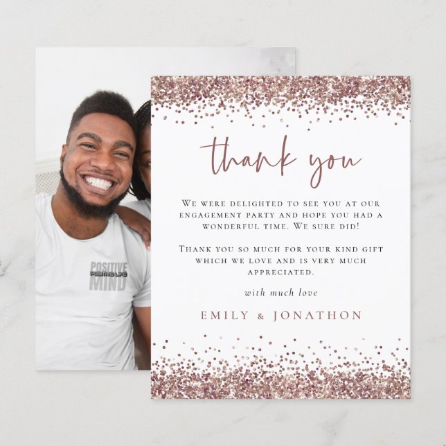 Budget Rose Gold Glitter Photo Engagement Thanks (Front/Back)