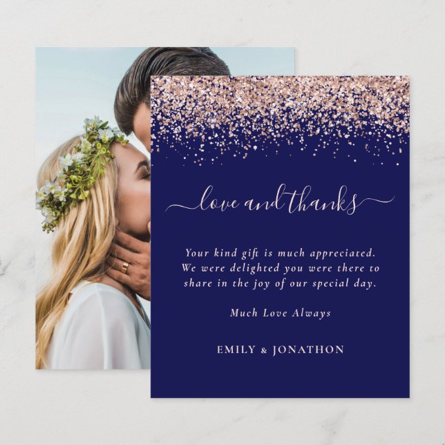 Budget Rose Gold Glitter Photo Navy Wedding Thanks (Front/Back)