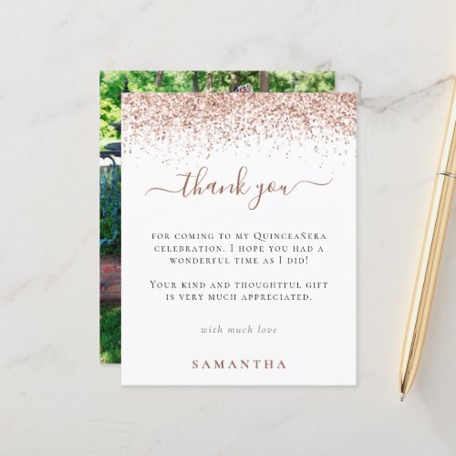 Budget Rose Gold Glitter Photo Quinceanera Thanks