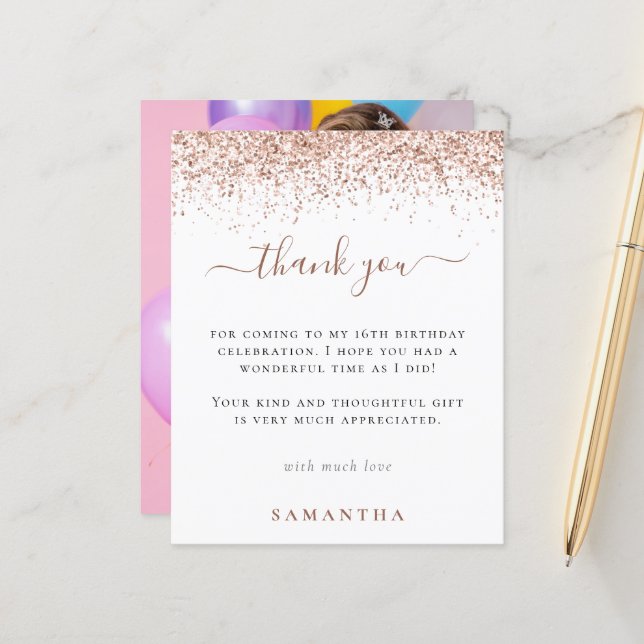 Budget Rose Gold Glitter Photo Sweet 16 Thank You (Front/Back In Situ)
