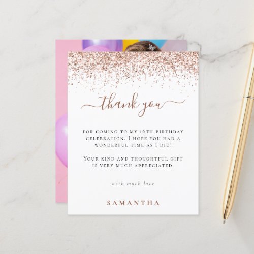 Budget Rose Gold Glitter Photo Sweet 16 Thank You