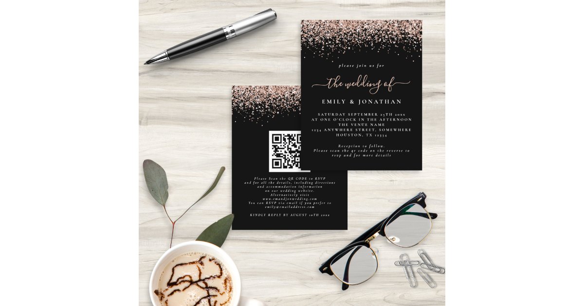 Budget Rose Gold Glitter QR Black Wedding Invite | Zazzle