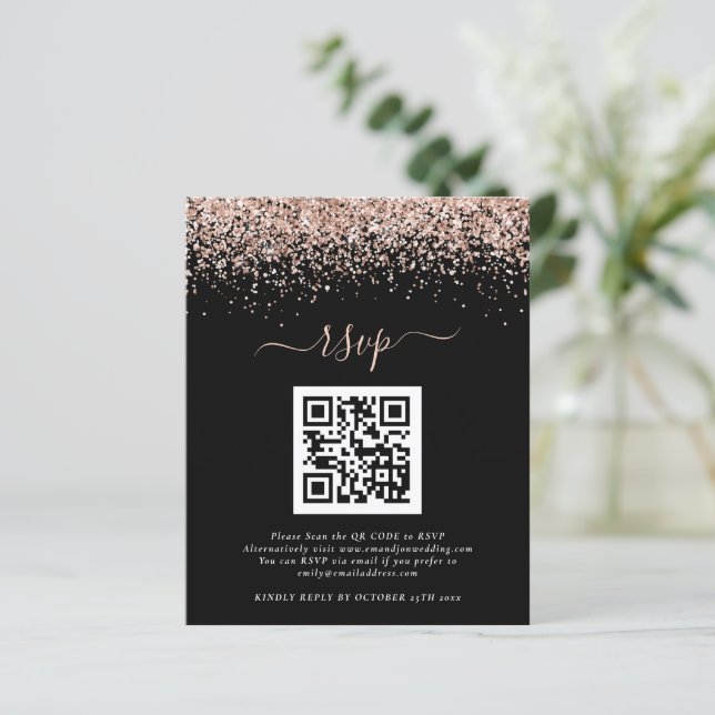 Budget Rose Gold Glitter QR Black Wedding RSVP (Standing Front)
