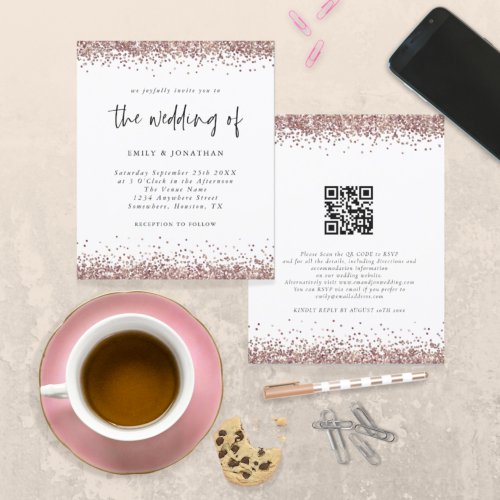 Budget Rose Gold Glitter QR Code Wedding Invite