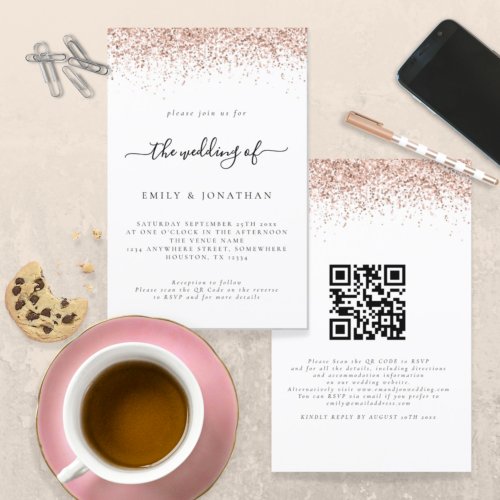 Budget Rose Gold Glitter QR Code Wedding Invite